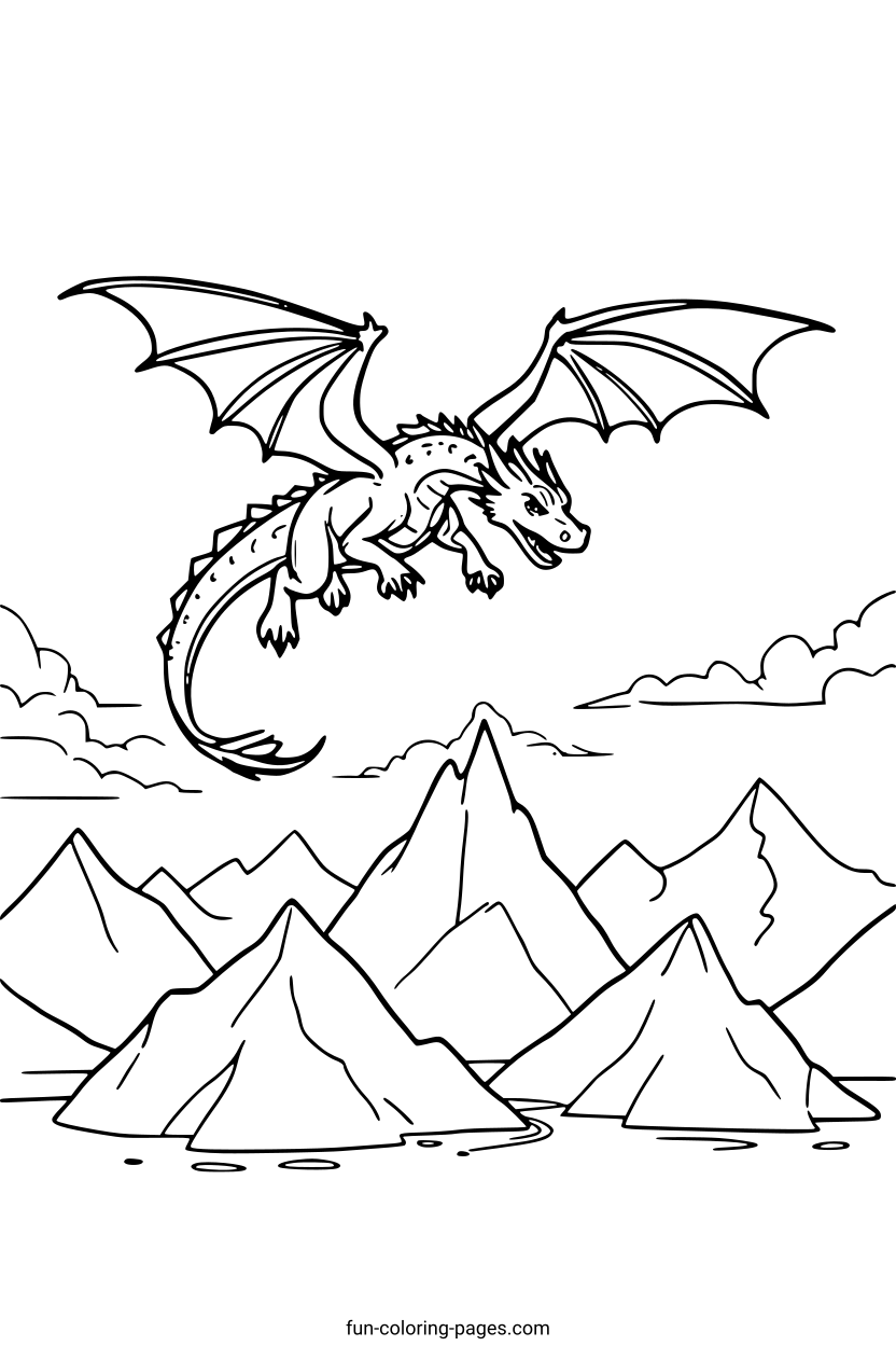 Dragon Flying Over Mountains – free printable coloring page, available as PDF and SVG