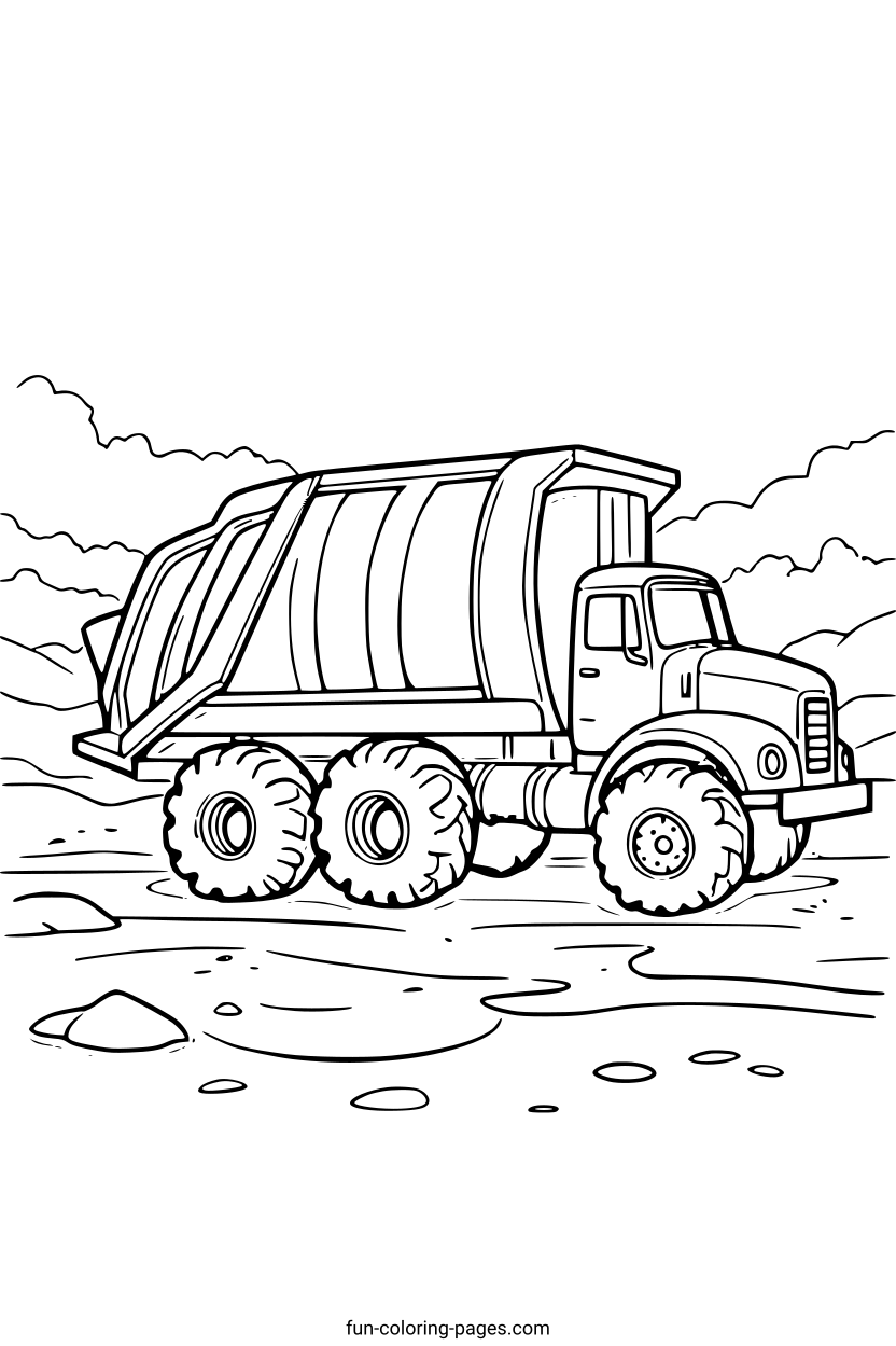 Dump Truck in Construction Scene – free printable coloring page, available as PDF and SVG