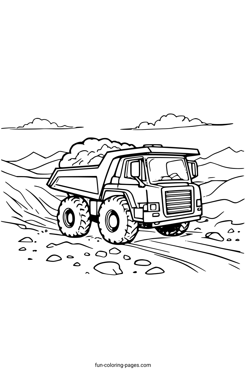 Dump Truck in Desert – free printable coloring page, available as PDF and SVG