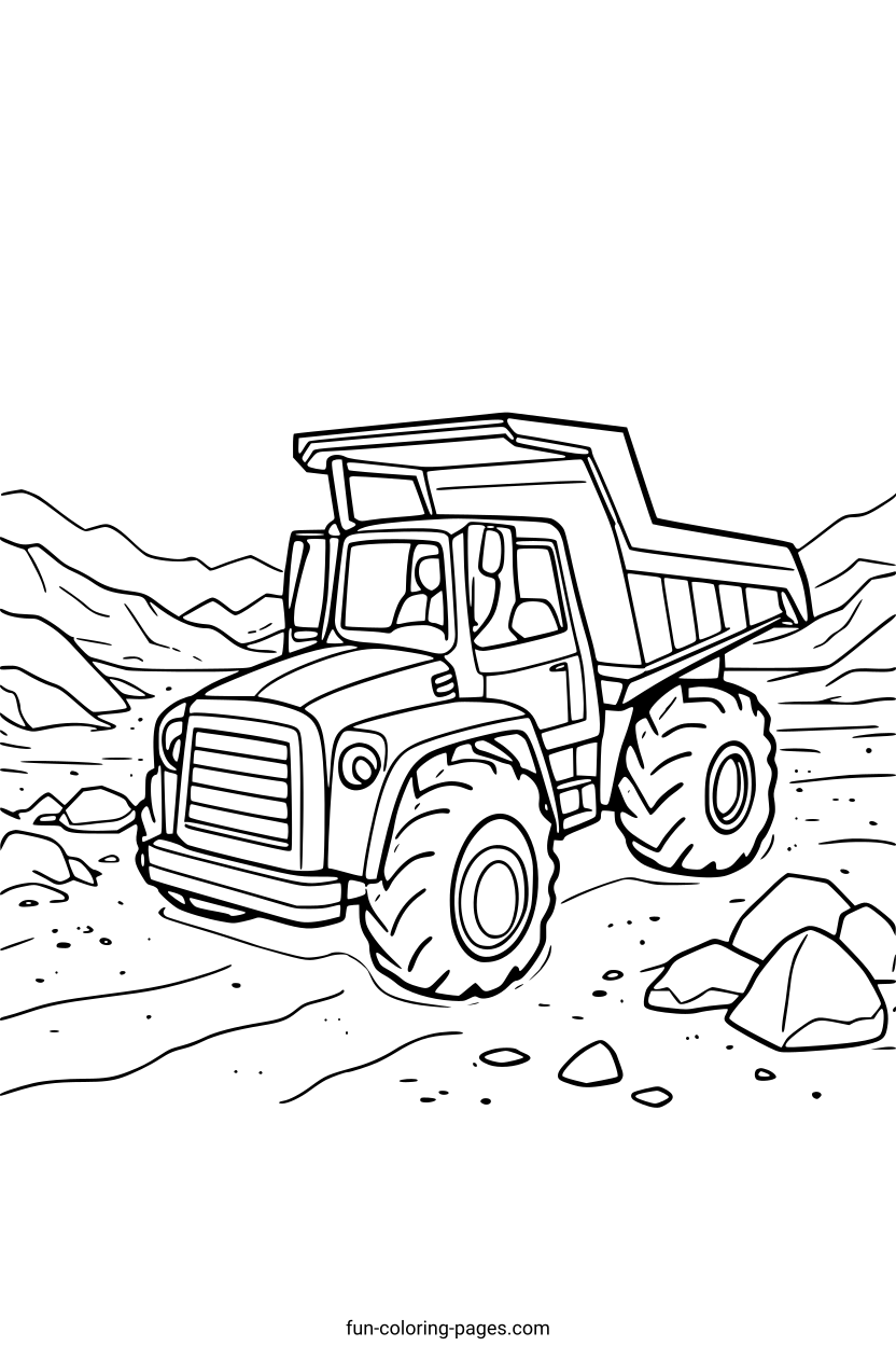 Dump Truck in Desert – free printable coloring page, available as PDF and SVG