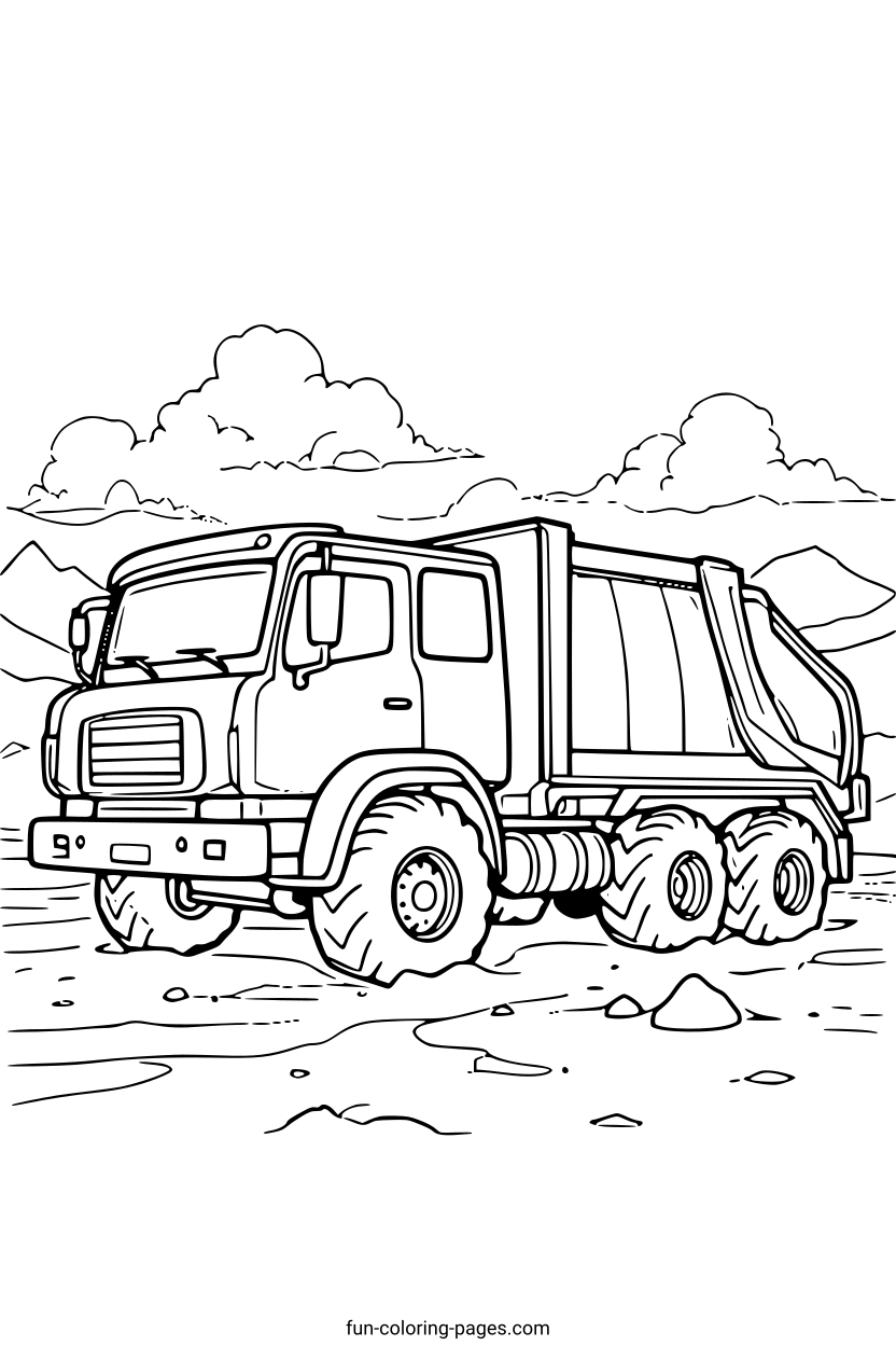 Dump Truck in Desert Landscape – free printable coloring page, available as PDF and SVG