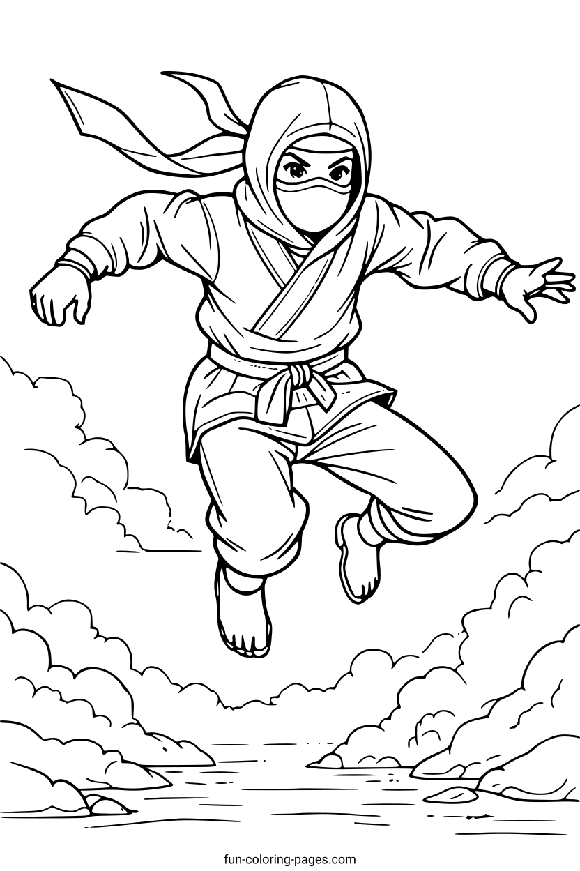 Dynamic Ninja in Mid Leap – free printable coloring page, available as PDF and SVG