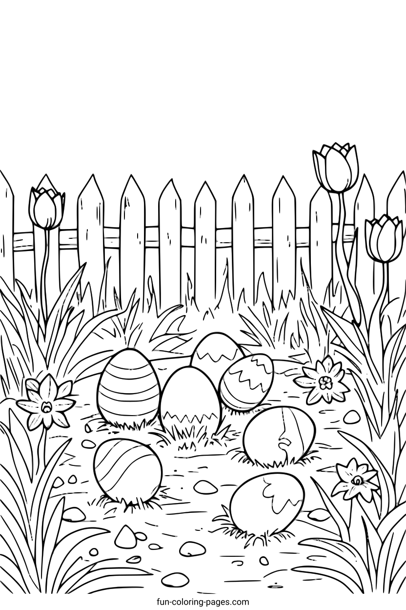 Easter Garden With Eggs And Tulips – free printable coloring page, available as PDF and SVG