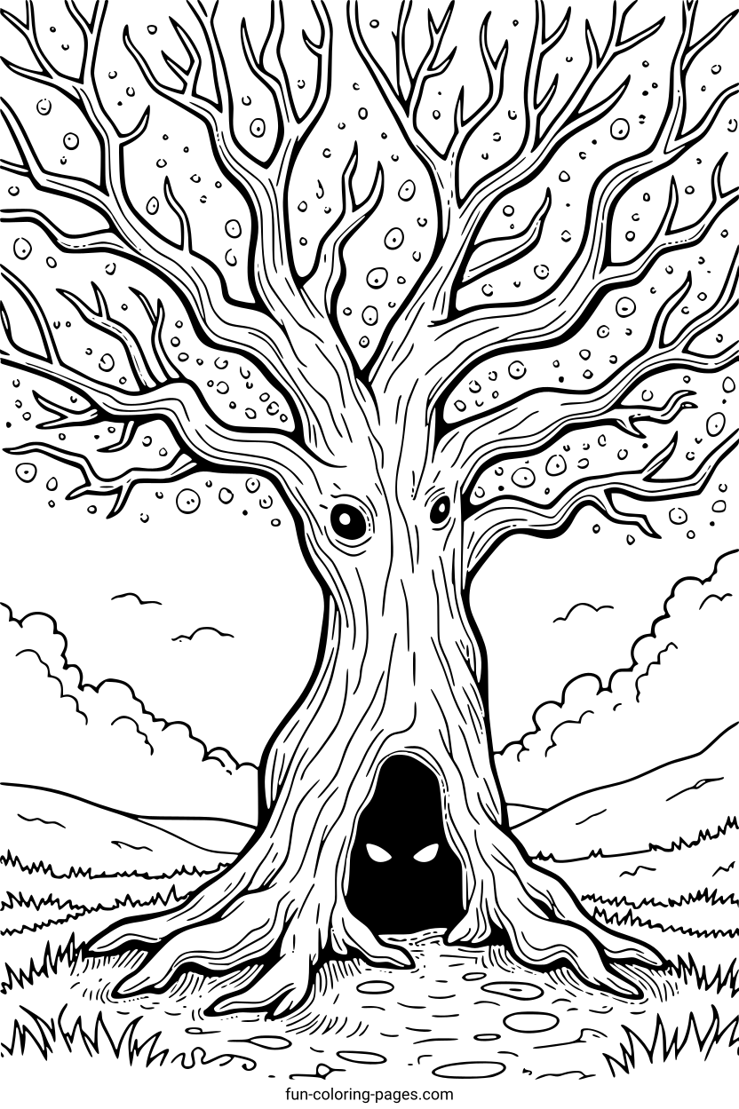 Eerie Crooked Tree with Glowing Eyes – free printable coloring page, available as PDF and SVG
