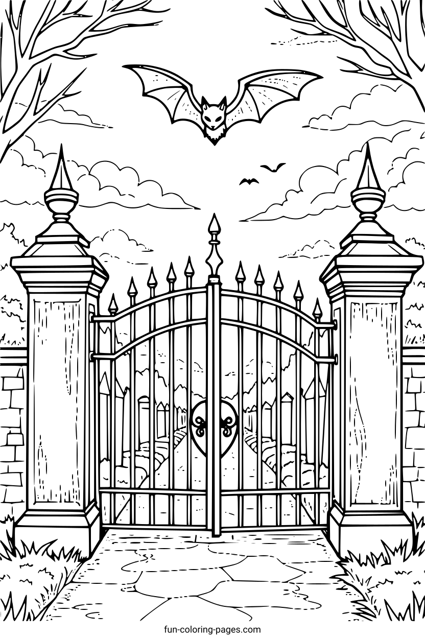 Eerie Graveyard Gate with Bat – free printable coloring page, available as PDF and SVG