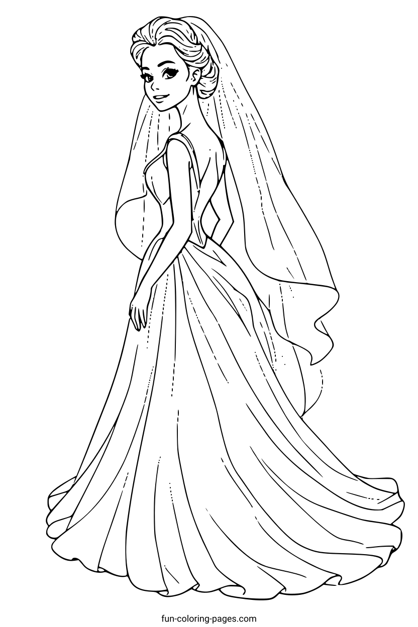 Elegant Bride in Veil – free printable coloring page, available as PDF and SVG