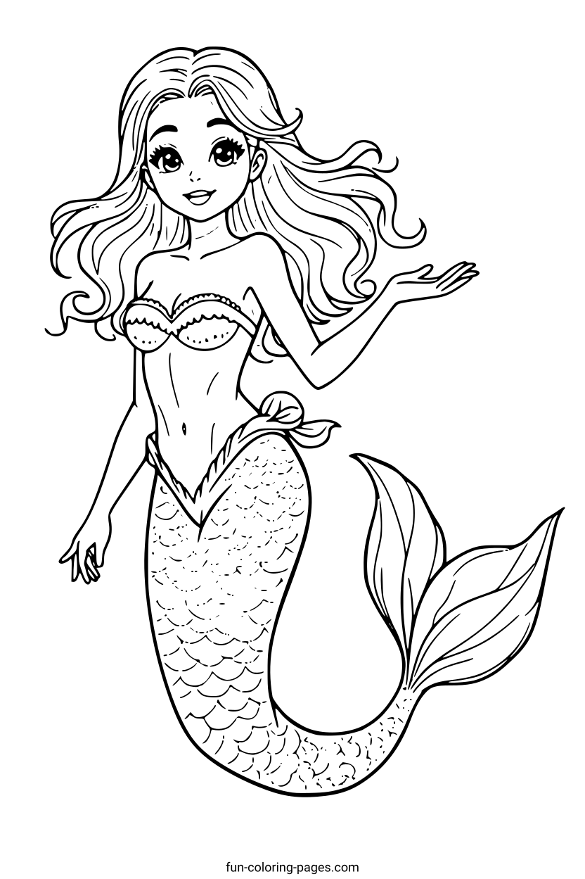 Elegant Mermaid Princess – free printable coloring page, available as PDF and SVG