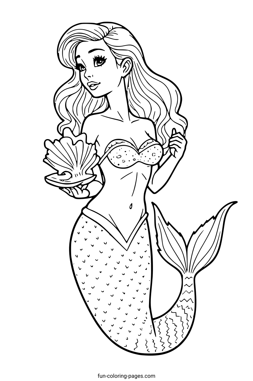 Elegant Mermaid with Shell – free printable coloring page, available as PDF and SVG