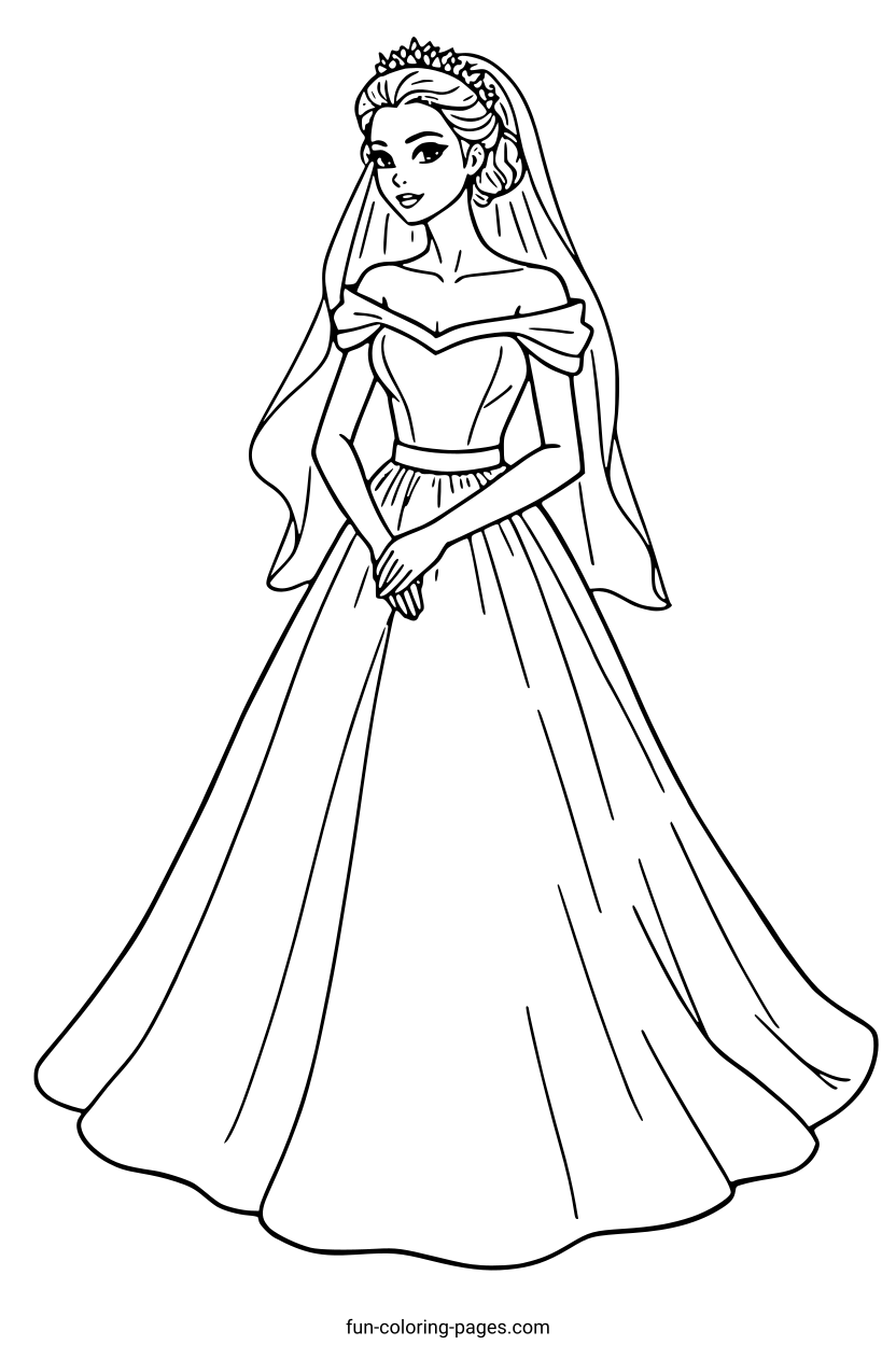 Elegant Princess Bride – free printable coloring page, available as PDF and SVG