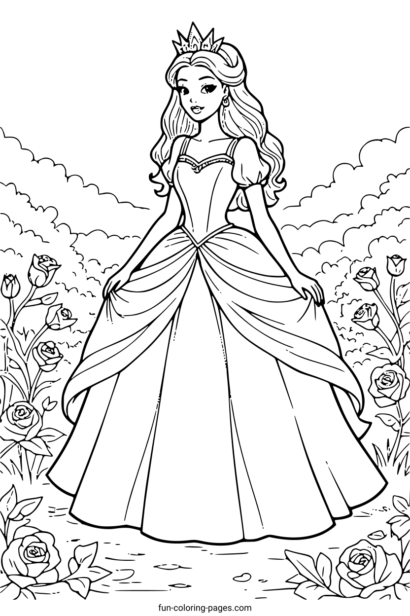 Elegant Princess in Rose Garden – free printable coloring page, available as PDF and SVG