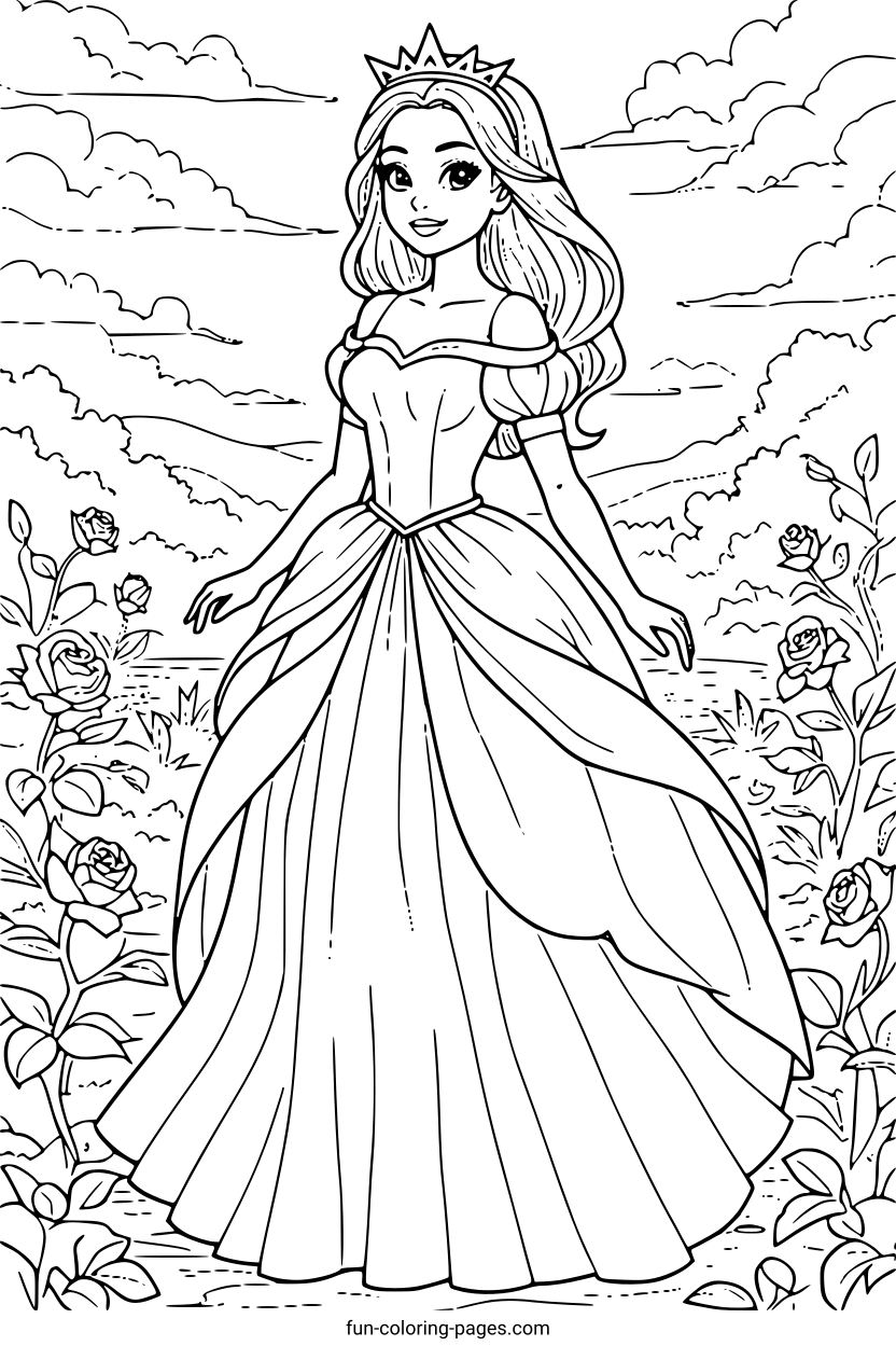 Elegant Princess in Rose Garden – free printable coloring page, available as PDF and SVG