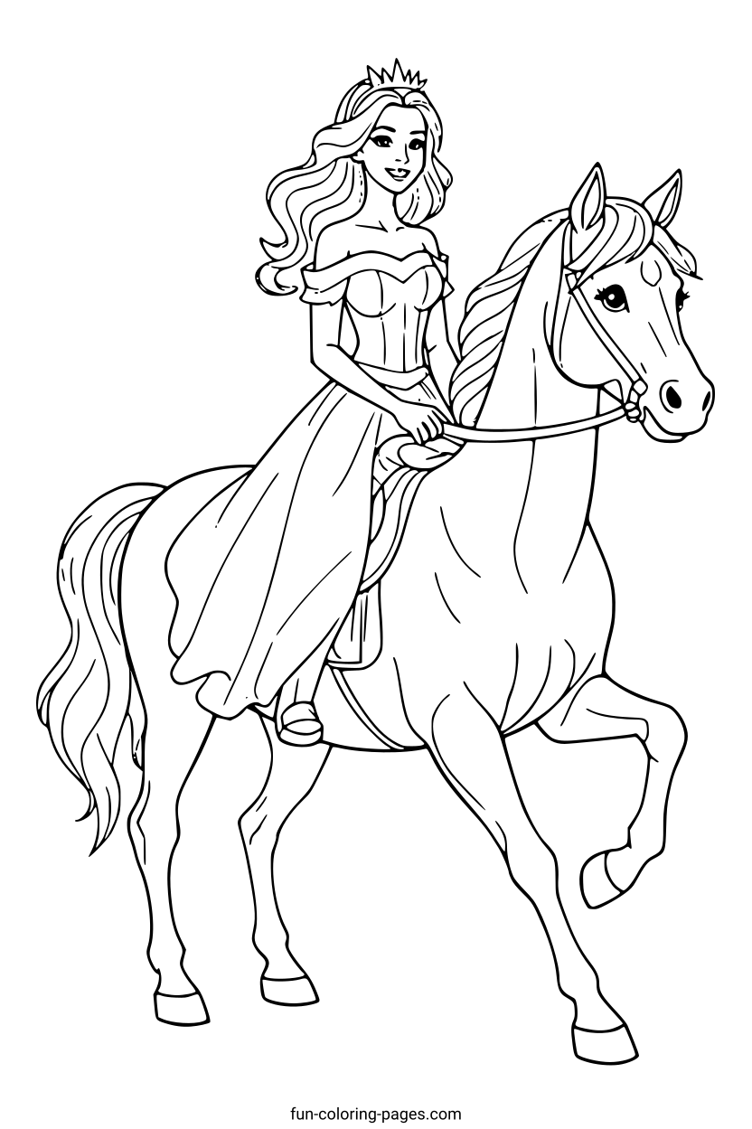 Elegant Princess on Galloping Horse – free printable coloring page, available as PDF and SVG