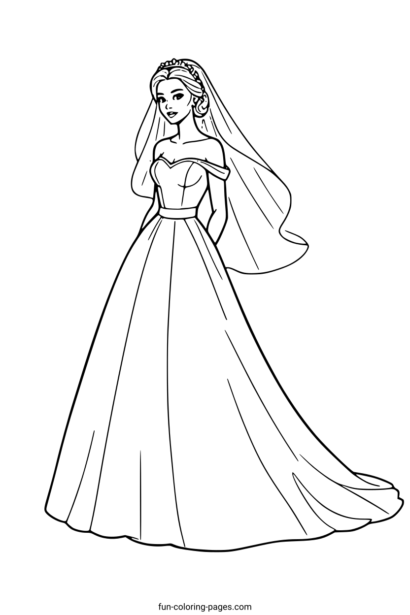 Elegant Bride In Wedding Dress – free printable coloring page, available as PDF and SVG