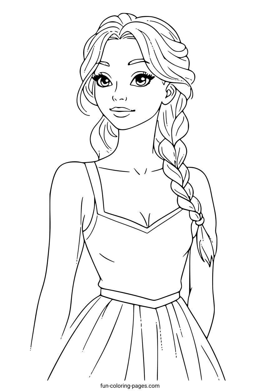 Elegant Princess with Braided Hair – free printable coloring page, available as PDF and SVG