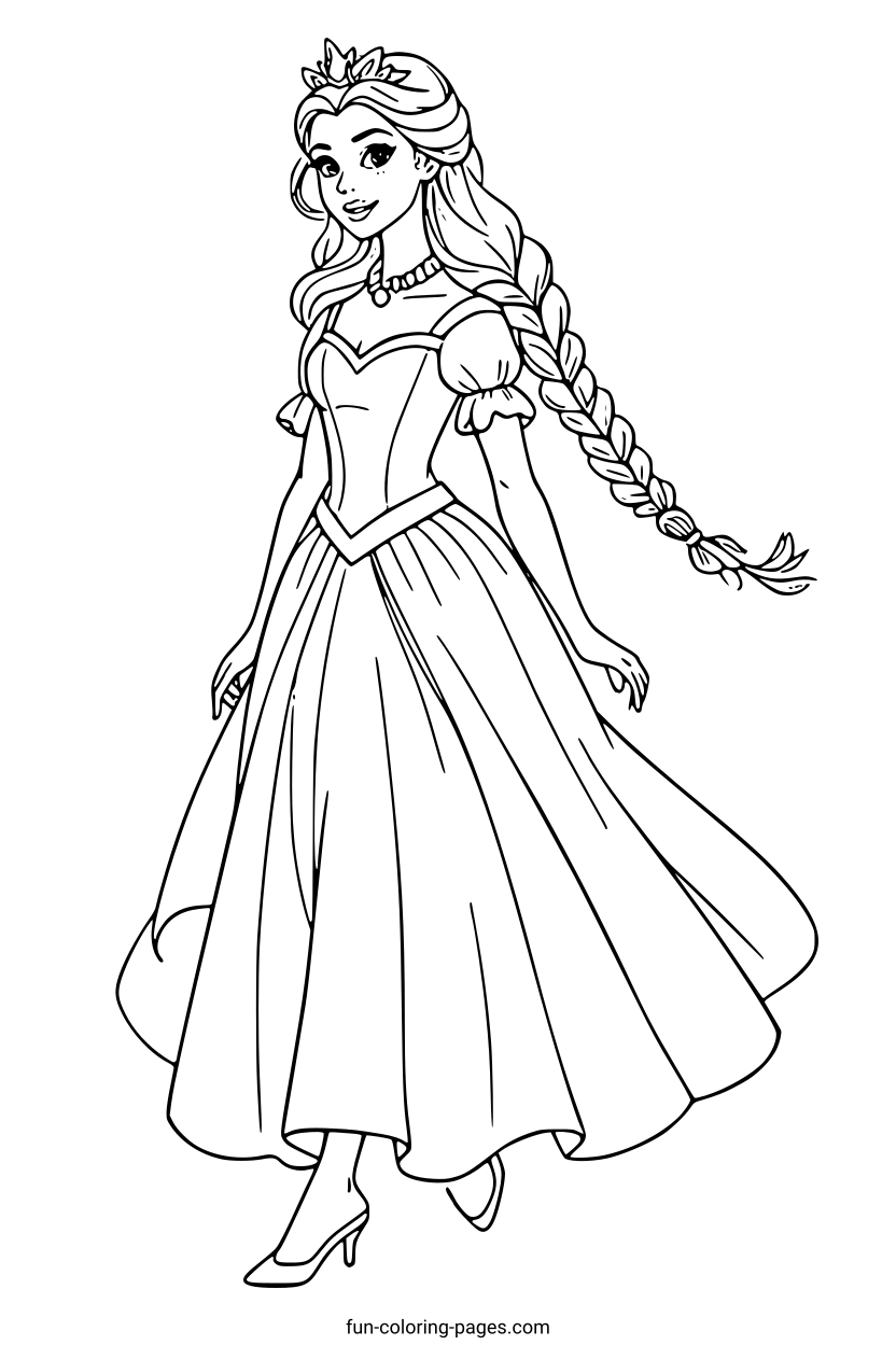 Elegant Princess with Long Braided Hair – free printable coloring page, available as PDF and SVG