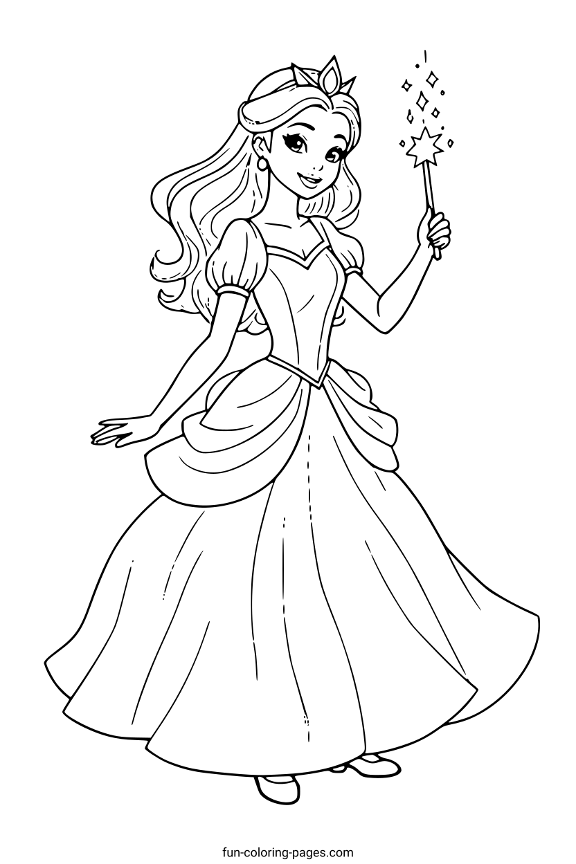 Elegant Princess with Wand – free printable coloring page, available as PDF and SVG