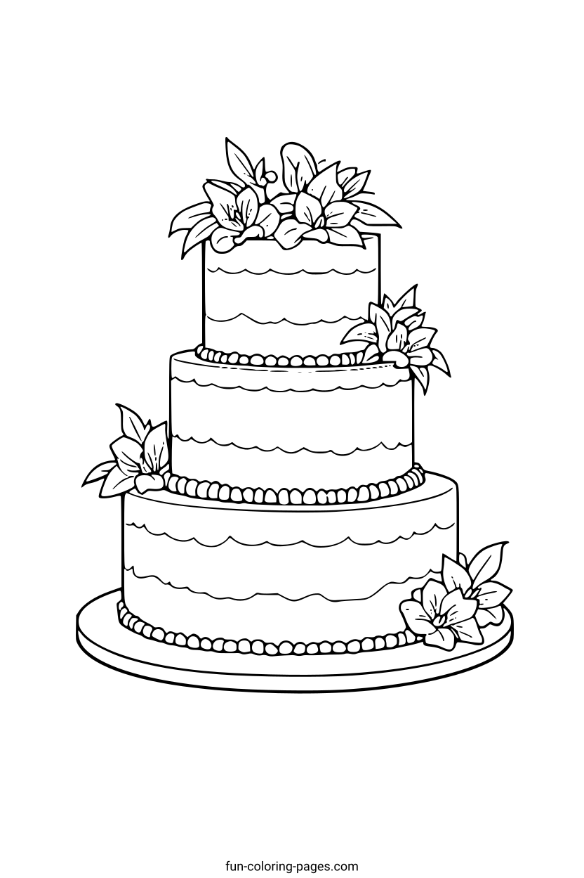 Elegant Three-Tier Cake – free printable coloring page, available as PDF and SVG