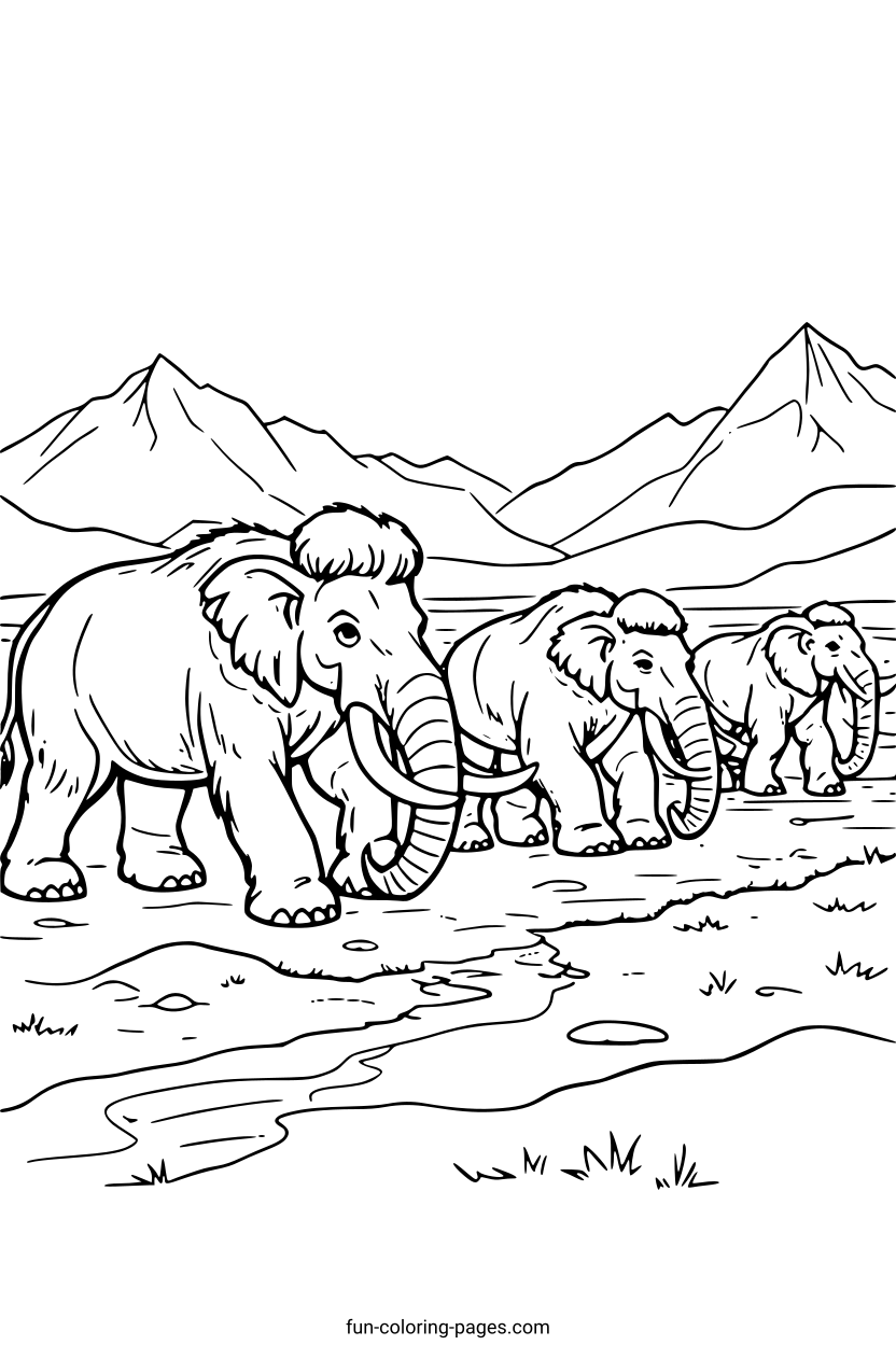 Mammoth Family in Mountain Valley – free printable coloring page, available as PDF and SVG