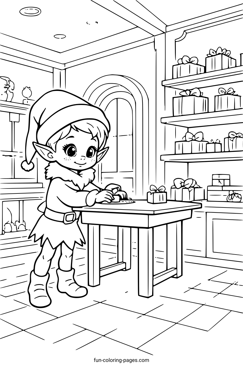 Elf Packing Gifts – free printable coloring page, available as PDF and SVG