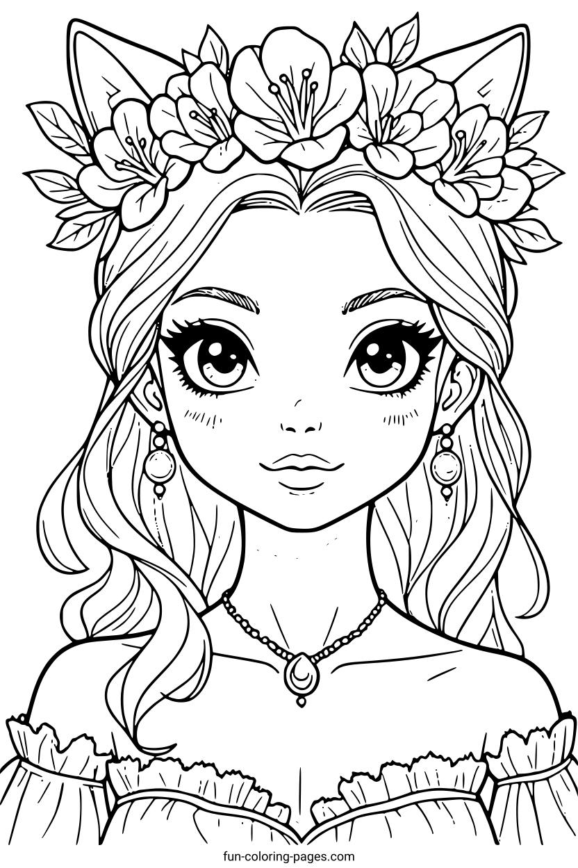 Elf Princess with Floral Crown – free printable coloring page, available as PDF and SVG