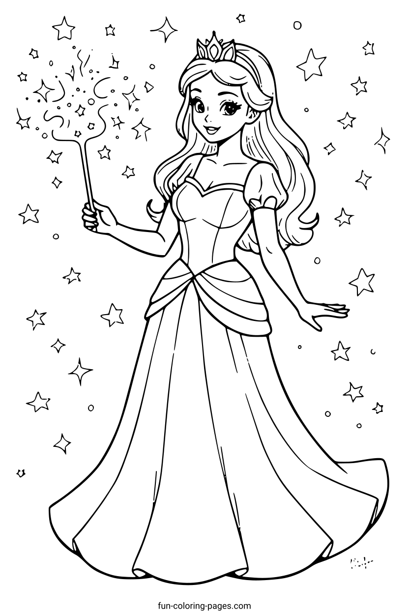 Enchanted Princess with Wand – free printable coloring page, available as PDF and SVG