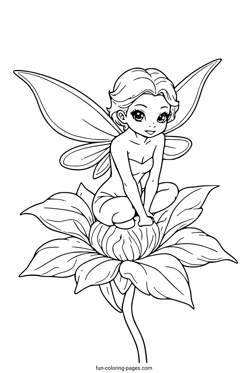 Fairie on a Blooming Flower – free printable coloring page, available as PDF and SVG