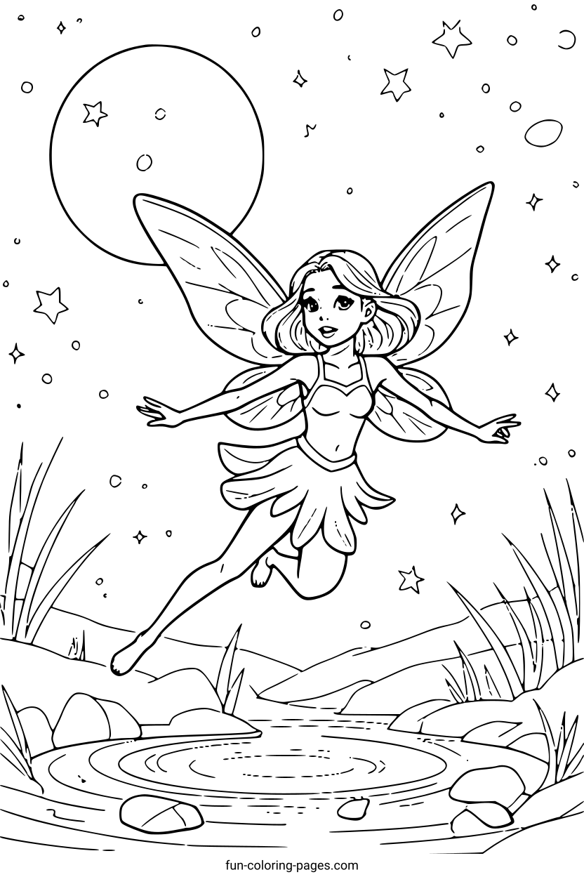 Fairy Flying Over Moonlit Lake – free printable coloring page, available as PDF and SVG