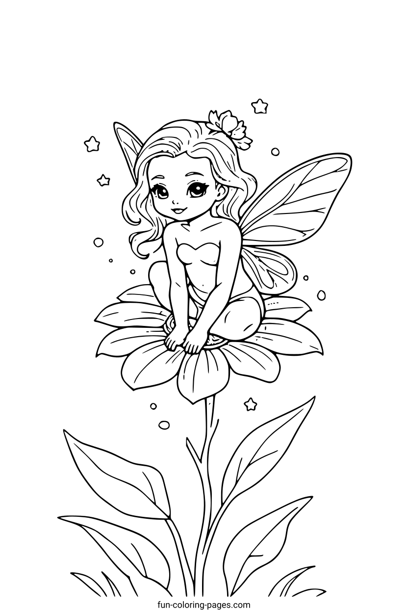 Fairy on a Flower – free printable coloring page, available as PDF and SVG