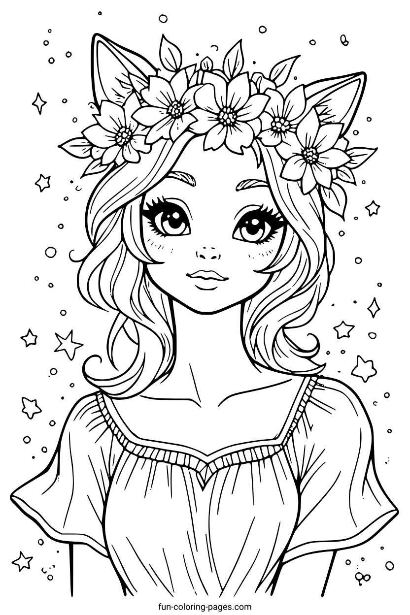 Fairy Princess with Floral Crown – free printable coloring page, available as PDF and SVG