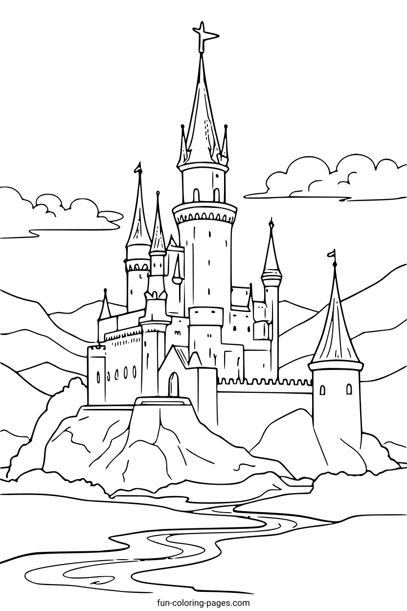 Fairytale Castle in Mountains – free printable coloring page, available as PDF and SVG