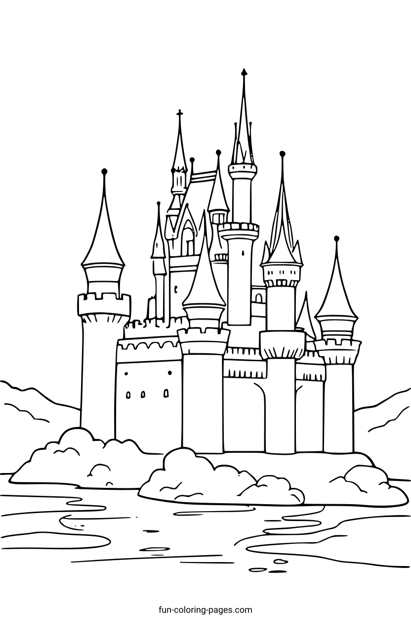 Fairytale Castle on an Island – free printable coloring page, available as PDF and SVG