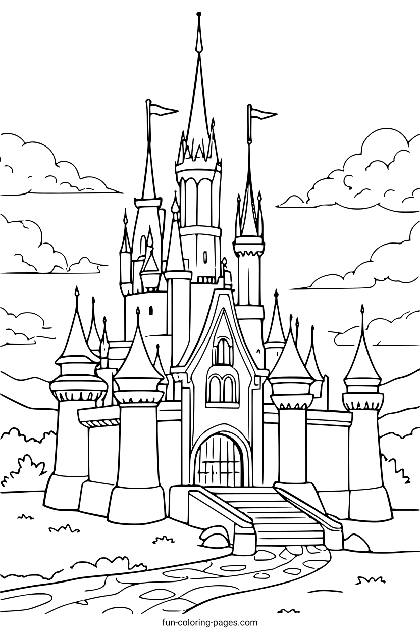 Fairytale Castle with Flags – free printable coloring page, available as PDF and SVG