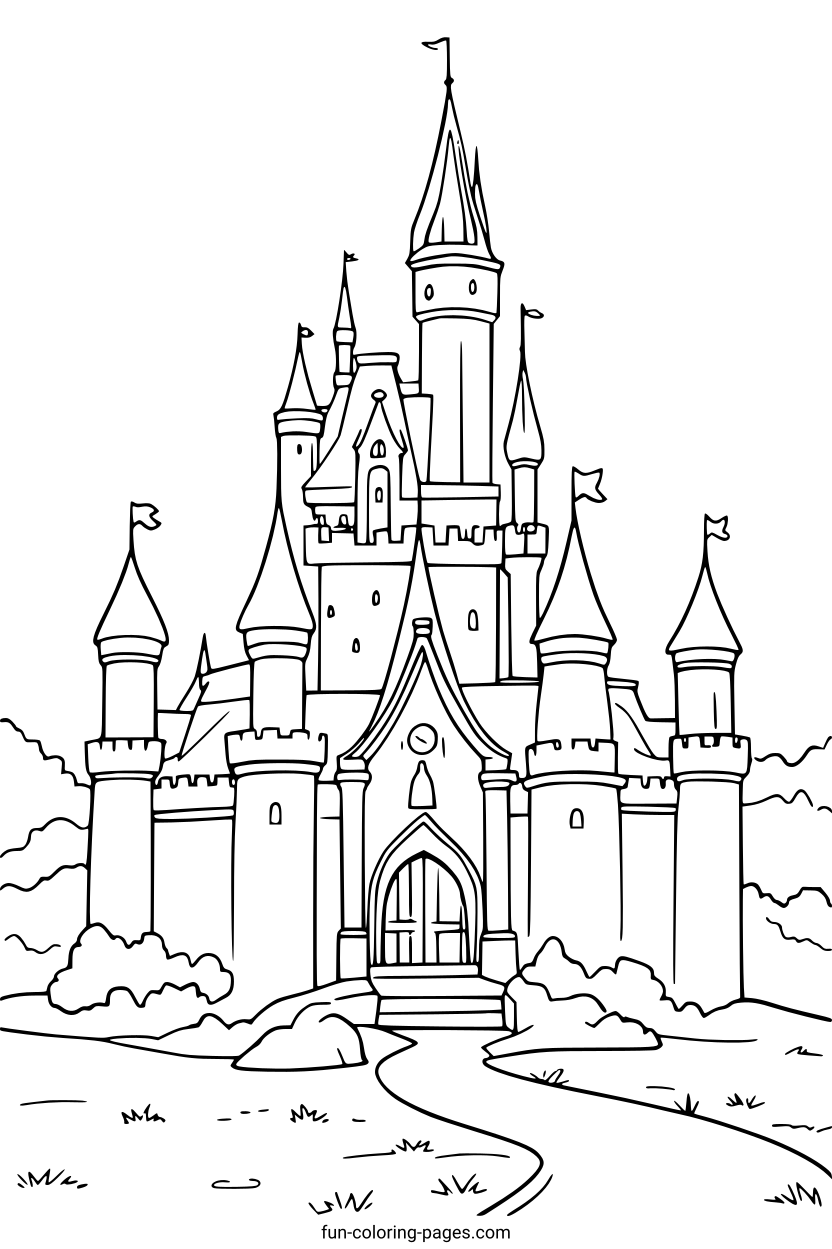 Fairytale Castle with Flags – free printable coloring page, available as PDF and SVG