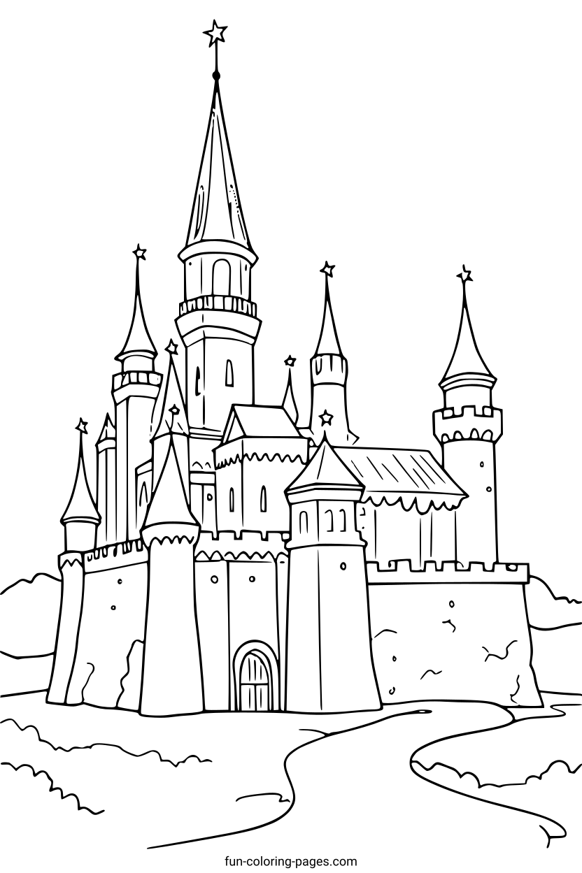 Fairytale Castle With Towers – free printable coloring page, available as PDF and SVG