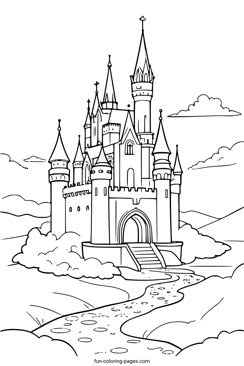 Fairytale Castle With Winding Path – free printable coloring page, available as PDF and SVG