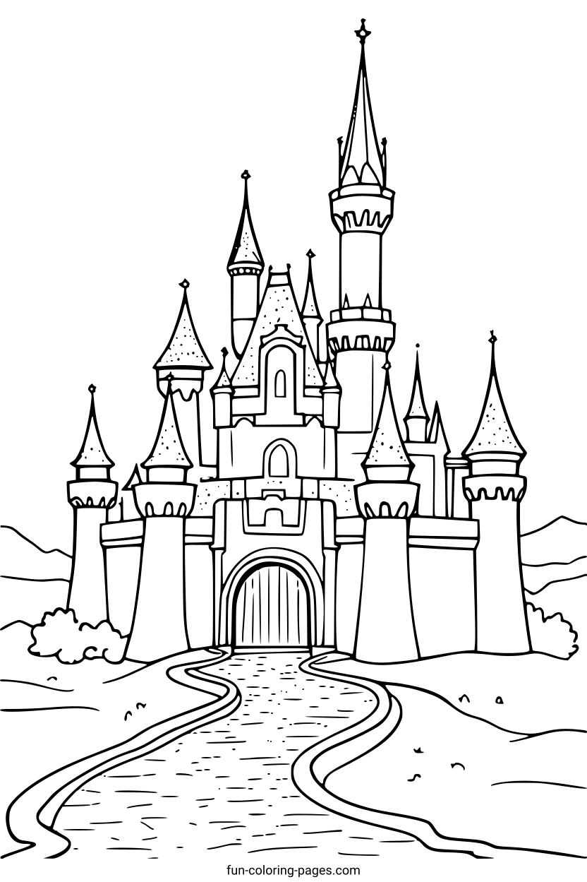 Fairytale Castle With Winding Path – free printable coloring page, available as PDF and SVG