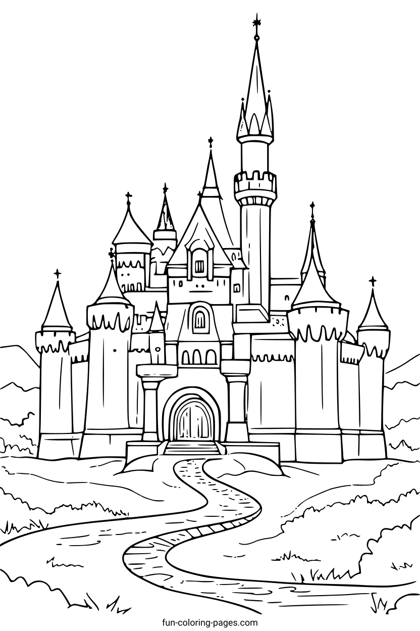 Fairytale Castle with Winding Path – free printable coloring page, available as PDF and SVG