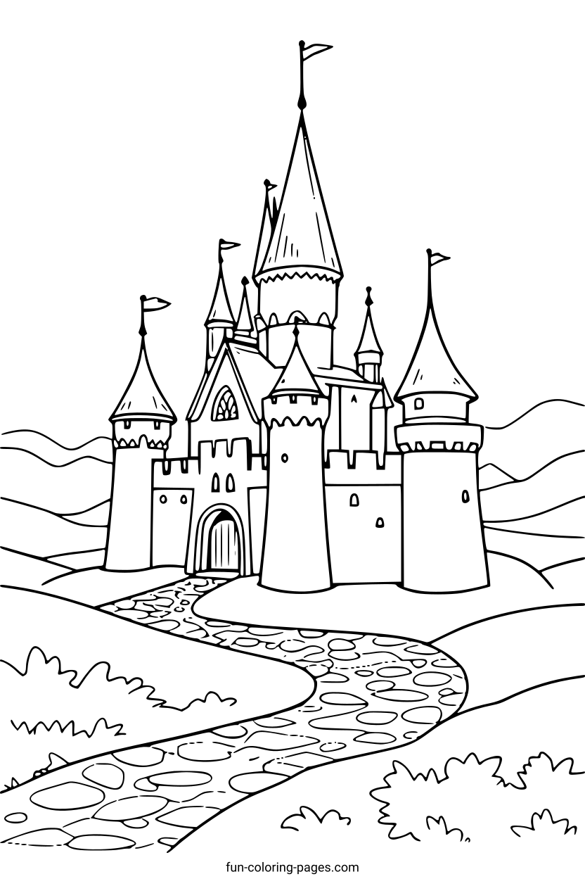 Fairytale Castle with Winding Path – free printable coloring page, available as PDF and SVG