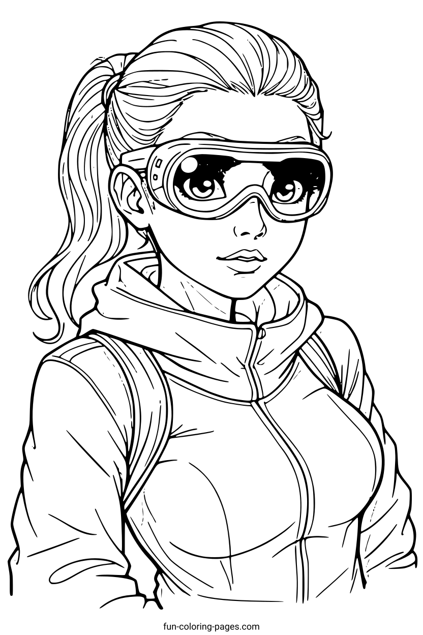 Cyberpunk Woman with Goggles – free printable coloring page, available as PDF and SVG