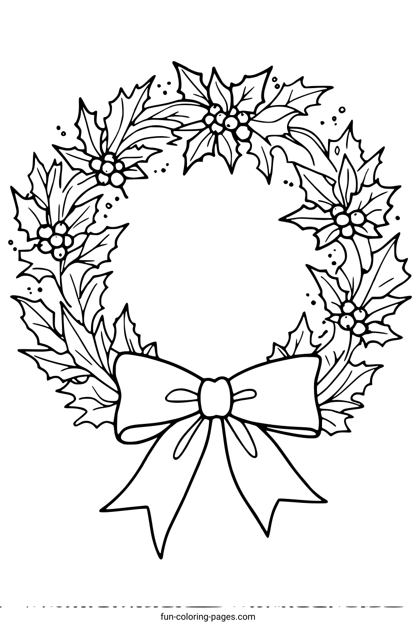 Festive Holly Wreath – free printable coloring page, available as PDF and SVG