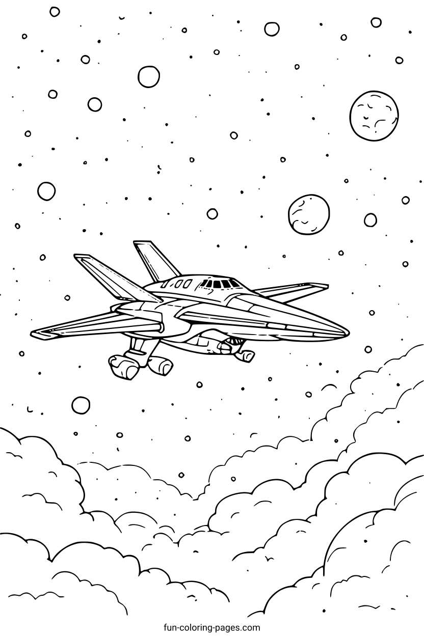Fighter Jet in Space – free printable coloring page, available as PDF and SVG