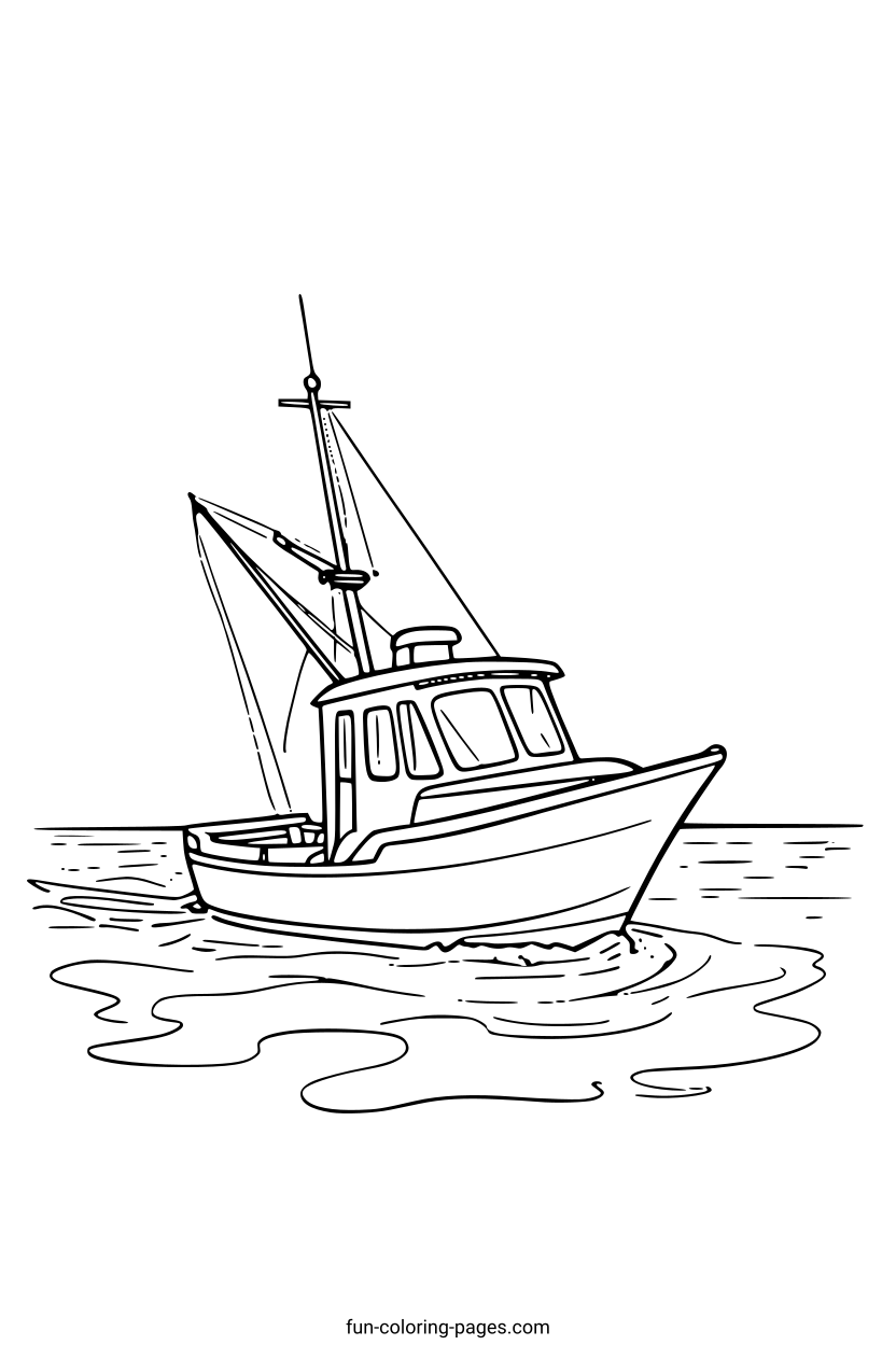 Fishing Boat on Calm Water – free printable coloring page, available as PDF and SVG