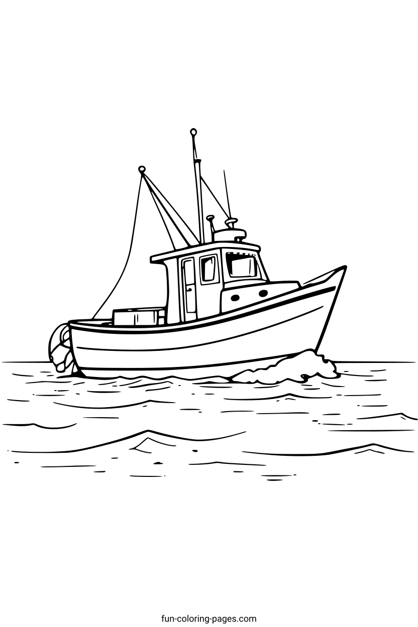 Fishing Boat on the Water – free printable coloring page, available as PDF and SVG