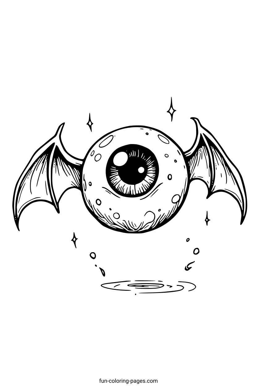 Floating Monster Eyeball with Bat Wings – free printable coloring page, available as PDF and SVG