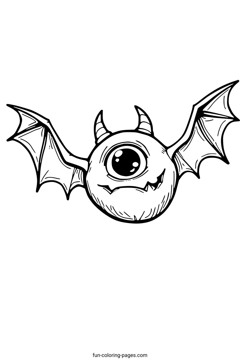 Floating Monster Eyeball with Bat Wings – free printable coloring page, available as PDF and SVG