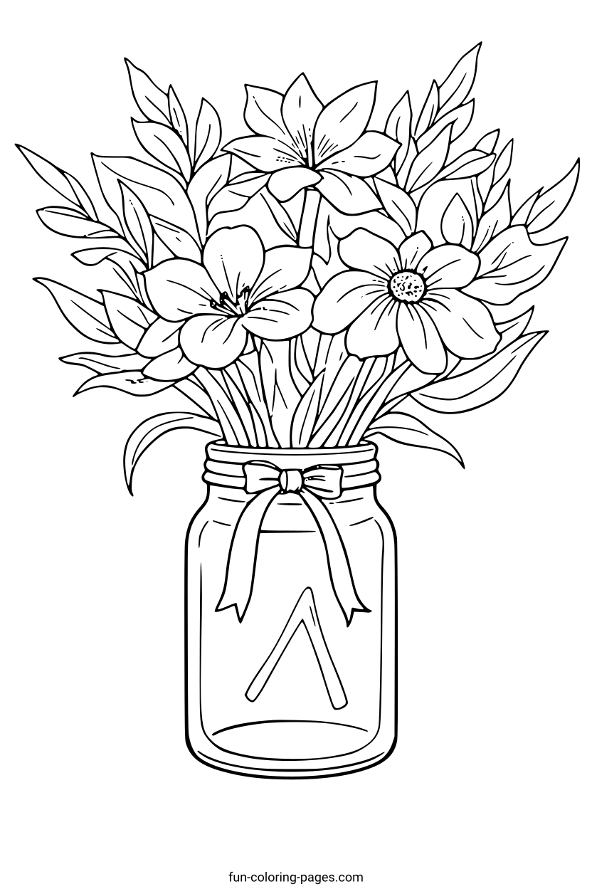 Floral Arrangement in Mason Jar – free printable coloring page, available as PDF and SVG