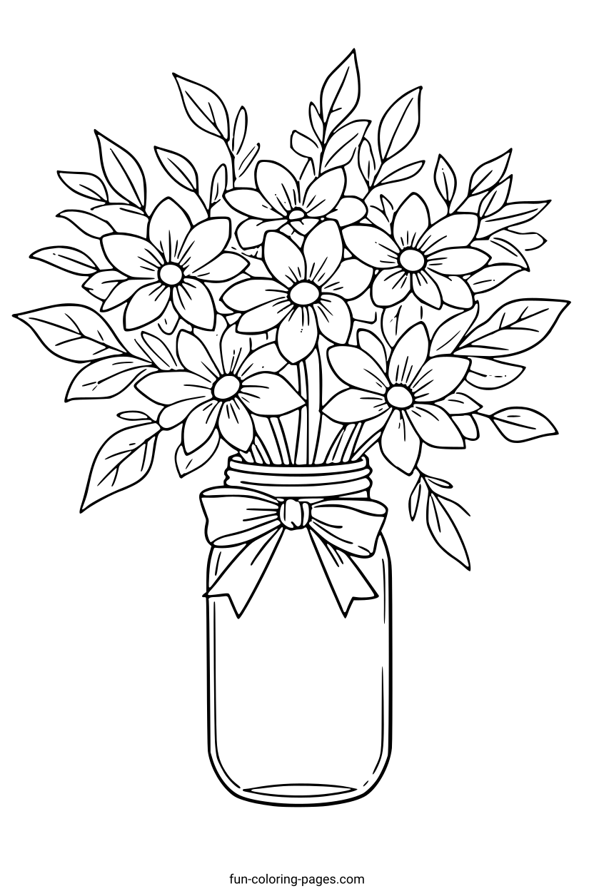 Floral Bouquet in Mason Jar – free printable coloring page, available as PDF and SVG