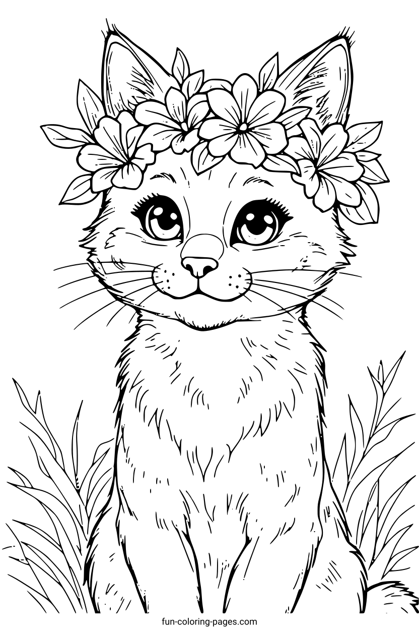 Floral Crown Cat – free printable coloring page, available as PDF and SVG