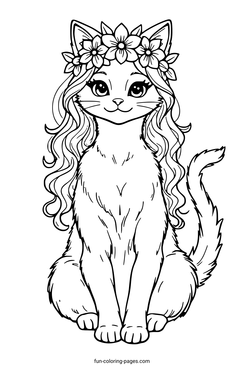 Floral Crown Cat – free printable coloring page, available as PDF and SVG