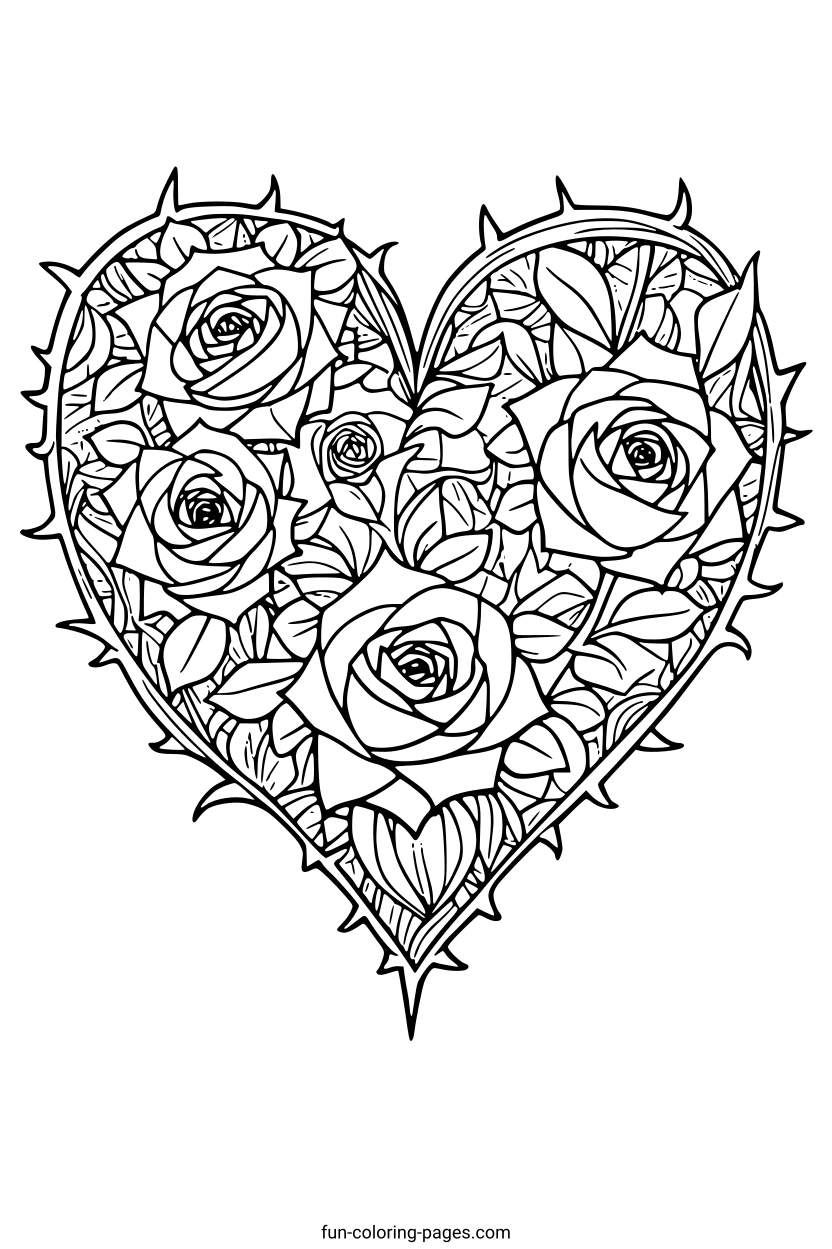 Floral Heart with Roses – free printable coloring page, available as PDF and SVG